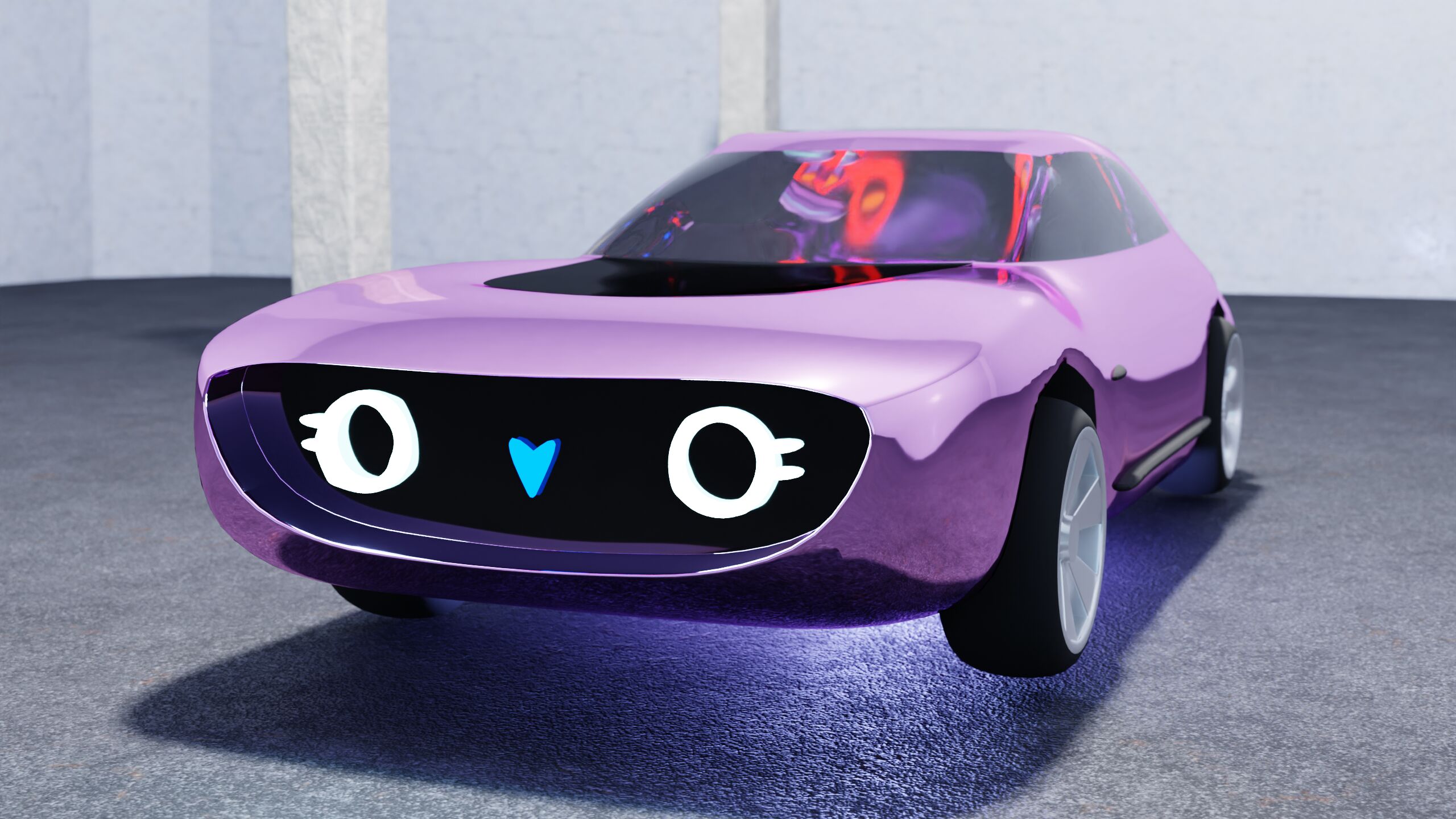 A futuristic electric sports car with light-pink glossy paint and some black surfaces. It is parked on an asphalt floor with white marble walls around it in the background. There are also some white marble pillars on the floor behind the car. The car is making a shadow in the bright white overhead light but the asphalt directly under the car is being lit brightly. The nose of the car has two headlights in the shape of a circle with two eye lids to the side. The nose also incorporates a blue glowing arrow in the middles, pointing down.
