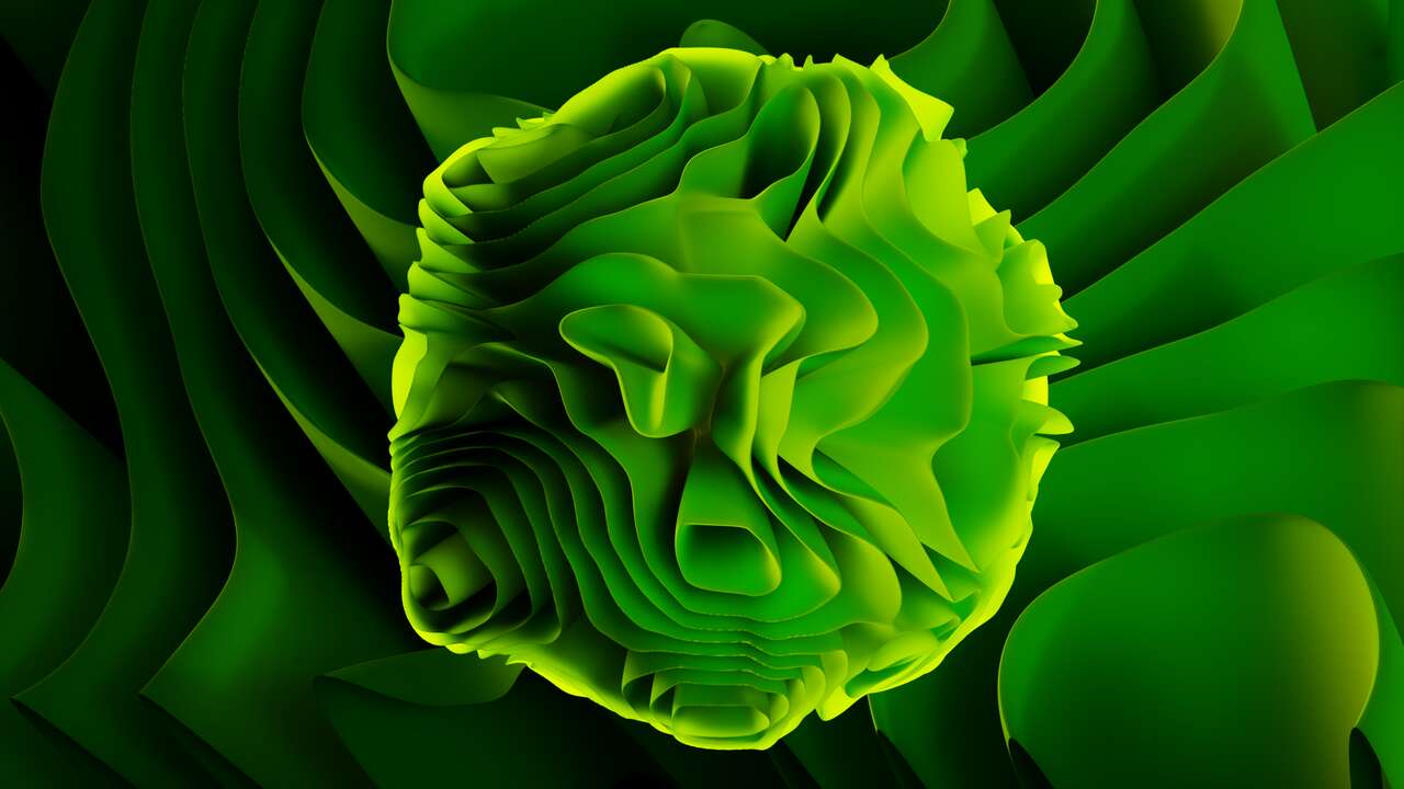 A spherical surface folded very much so that it looks a bit like a lettuce. Behind it is a plane that is folded the same way. There is a kind a dark atmosphere. It looks like a wallpaper.