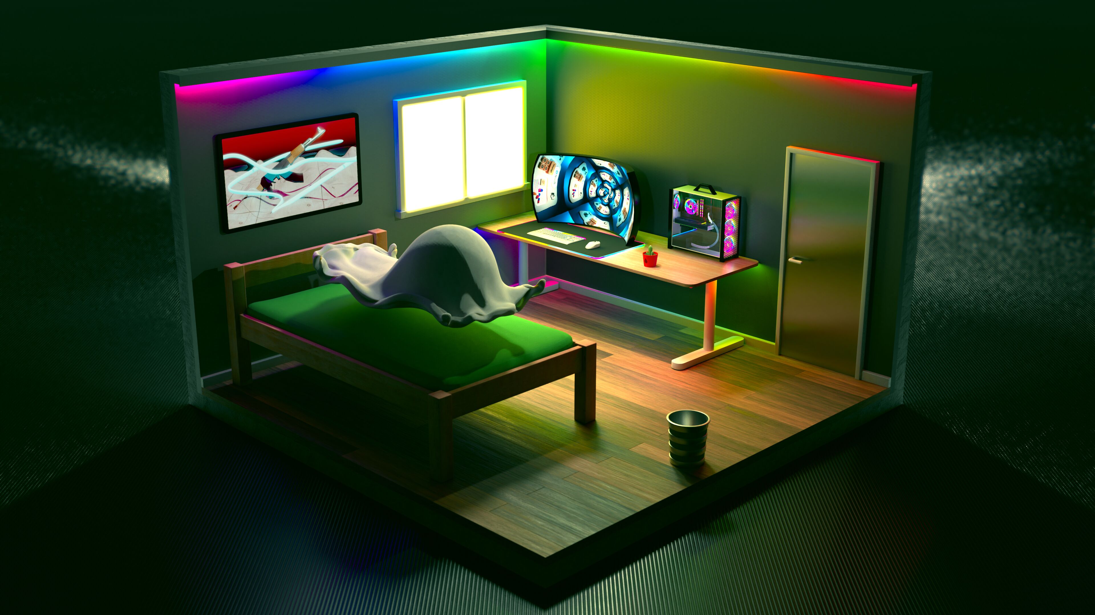 A cutout of a bedroom. It is placed on a carbon fiber floor. The bedroom includes a wooden bed with a green mattress, a metal in, a dark wooden floor, a desk, windows, a door, a monitor with keyboard and mouse and a PC behind a cactus. There are also rainbow (RGB) light a the top of the room. On top of the bed, there is a white blanket floating with a sphere under it. On the wall, the AK47 artwork from the portfolio is framed.