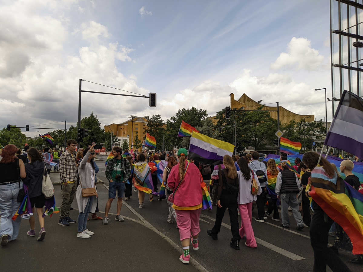 A half-cloud blue sky and lots of people with all sorts of pride flags marching on the street. Some are holding the flags on a pole, others are wearing flags as a cape. There's yellow buildings and trees in the background.